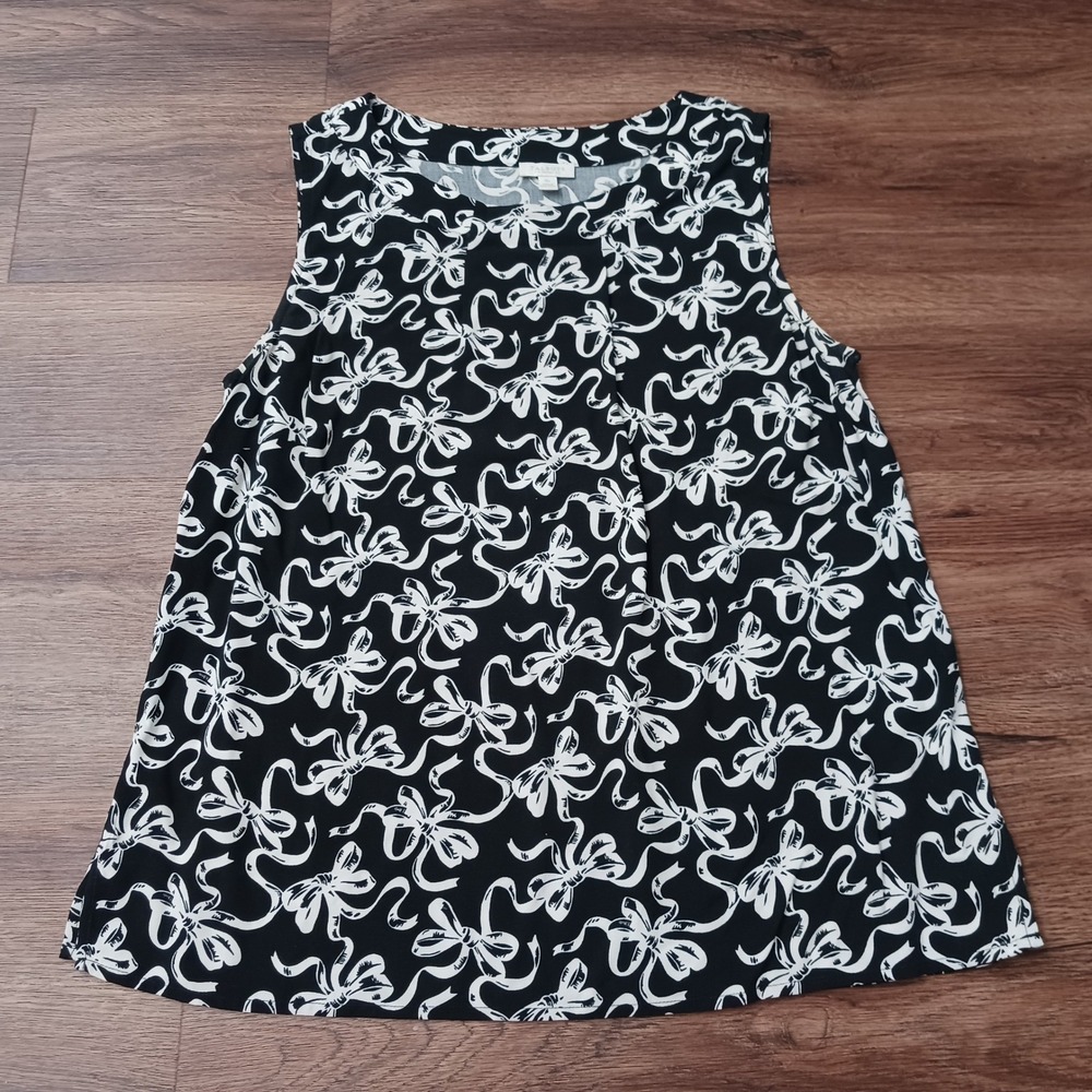 Talbots Petites Black White Bow Print Sleeveless Shell Blouse Top SP BD2706